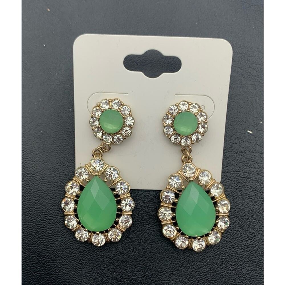 Beautiful Gold Tone & Faceted Jade Green And Clear Rhinestone Pierced Earrings